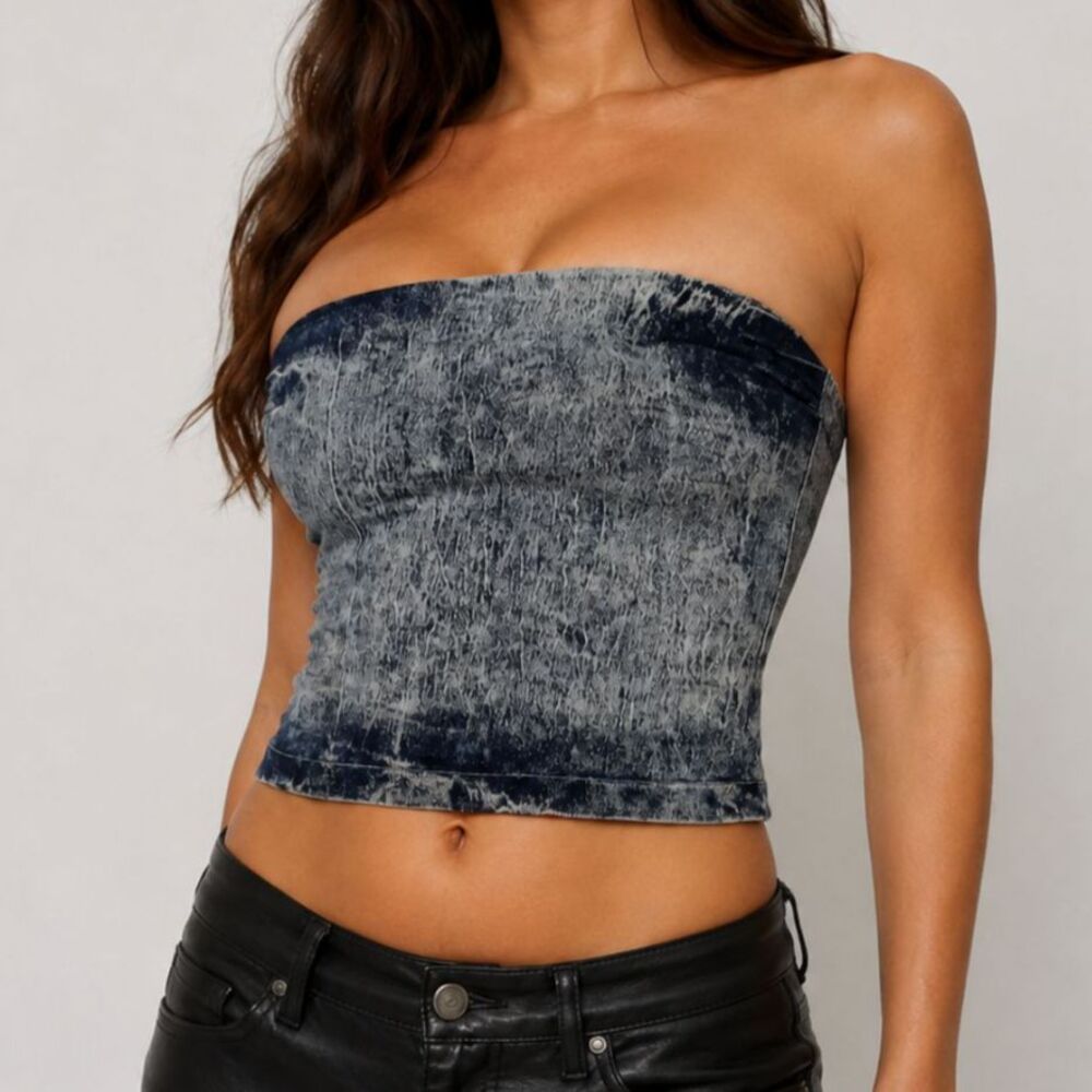 Vintage 90s Acid Wash Denim Tube Top Strapless Small